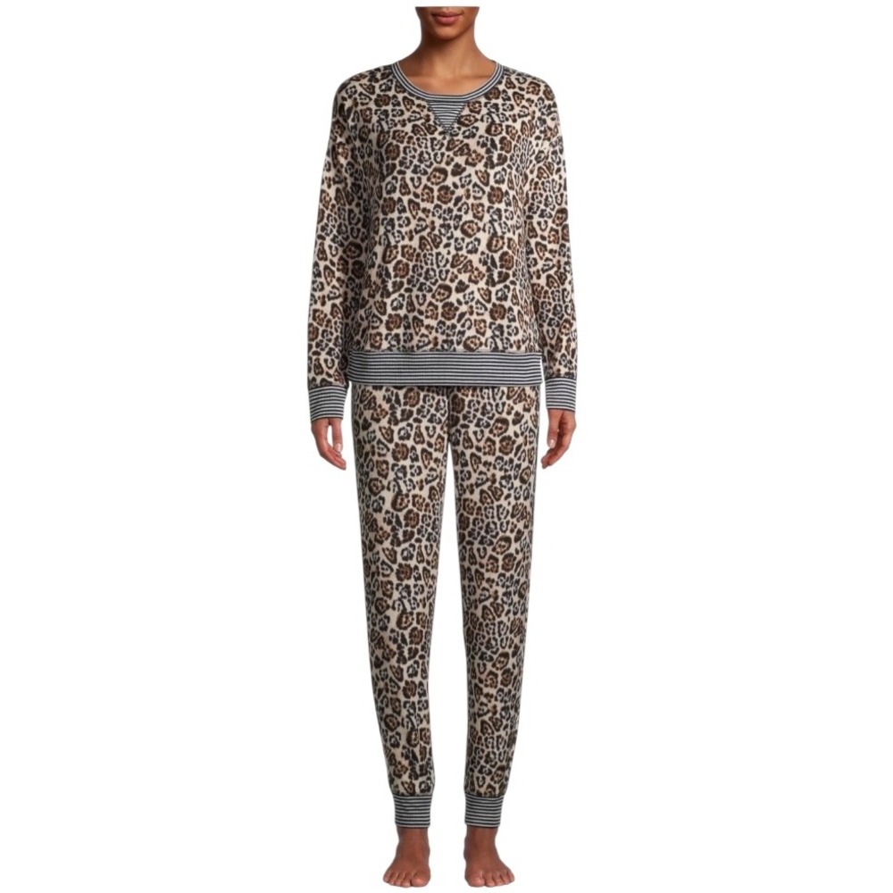 Emerson Road Pajama Set Women Small Brown Fuzzy Luxe Leopard Loungewear NWT‎